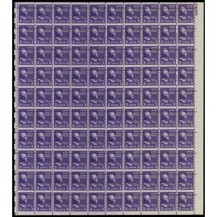 807, MNH 3¢ Misperforated Freak Error - Sheet of 100 Stamps - Stuart Katz
