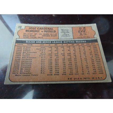 1972 Topps Card # 012 Jose Cardenal Poor (1) Milwaukee Brewers