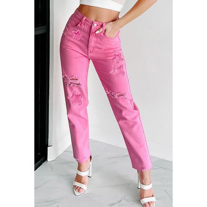 Pink Star Shape Patchwork Mid Waist Straight Leg Jeans