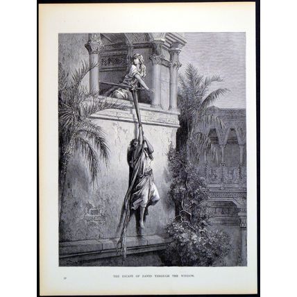 ESCAPE OF DAVID THROUGH THE WINDOW 1885 Gustave Doré ANTIQUE ENGRAVING