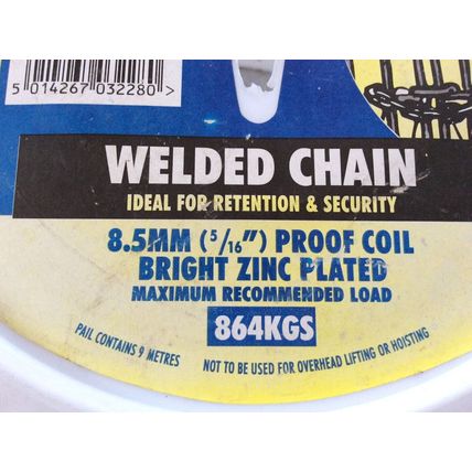 6.5m x 8.5mm Heavy Duty Steel Chain Bright Zinc Plated Welded Security Links