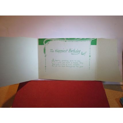 BIRTHDAY GREETINGS CARD used antique/vintage folded card an open door =