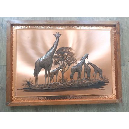 Dennis Thomson Vintage Large African Copper Giraffe 3D Art Picture 1970s Framed