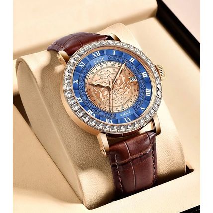 Gents Blue & Gold Face Date Crystal Bezel Brown Leather Strap Watch Boxed