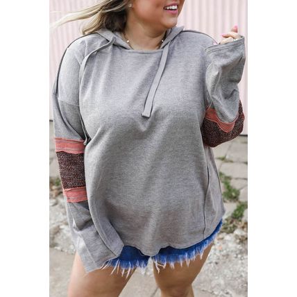 Gray Contrast Patched Sleeve Plus Size Hoodie