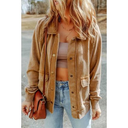 Khaki Vintage Washed Flap Pocket Button Shacket