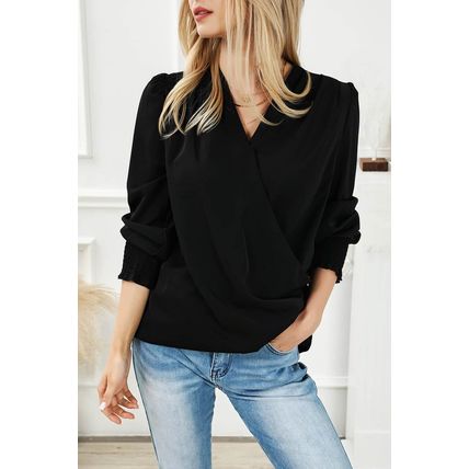 Black Solid Surplice Neck Shirred Cuffs Draped Blouse