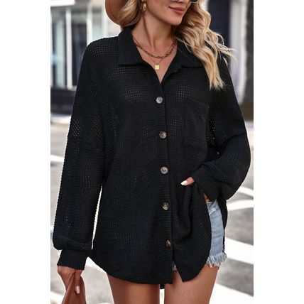 Black Waffle Knit Button Up Casual Shirt