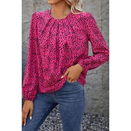 Rose Leopard Print Pleated Blouse with Keyhole
