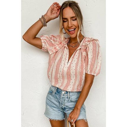 Red Frilled Short Puff Sleeve Mixed Print Blouse
