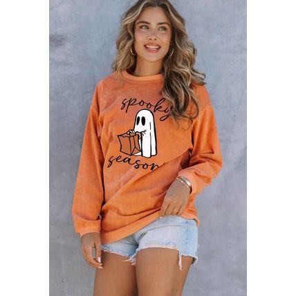 Orange Spooky Season Ghost Print Ribbed Pullover Sweatshirt