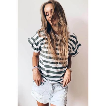 Sea Green Striped V Neck Ruffle Sleeve Top