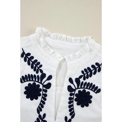 White Floral Embroidered Shirred Sleeve Elegant Shirt