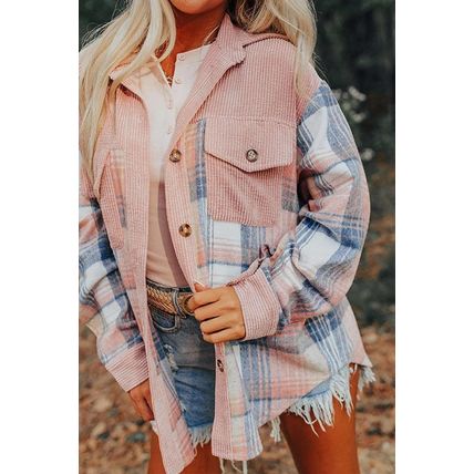 Light Pink Plaid Corduroy Patchwork Chest Pocket Shacket