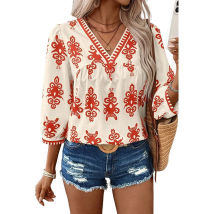Orange Vintage Geometric Printed 3/4 Sleeve V Neck Blouse