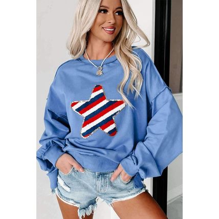 Sky Blue Sequin Trim Embroidered Star USA Pattern Sweatshirt