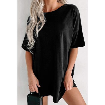 Black Solid Color Round Neck Basic Tunic T Shirt