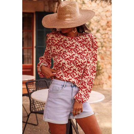Red Floral Print Long Sleeve Open Back Blouse