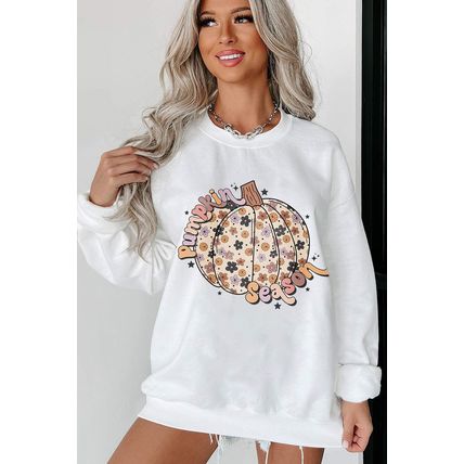 White Floral Pumpkin Season Graphic Loose Sweatshirt