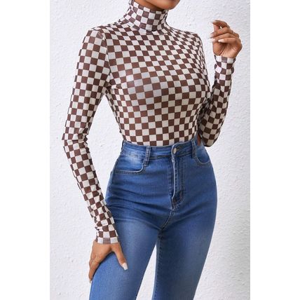 Brown Checkered Printed Long Sleeve High Neck Bodysuit