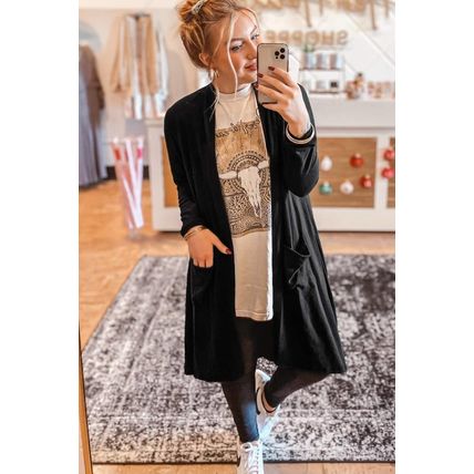 Black Solid Color Open Front Cardigan with Pocket