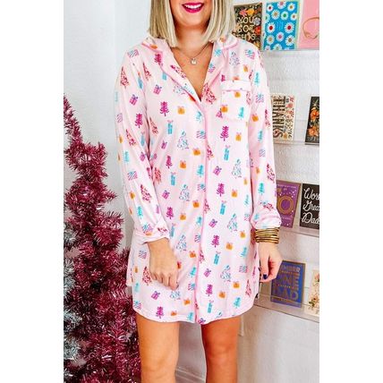 Pink Christmas Twinkle Tree Print Shirt Sleep Dress