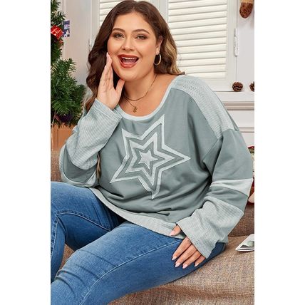 Mist Green Stars Patchwork Round Neck Plus Size T Shirt