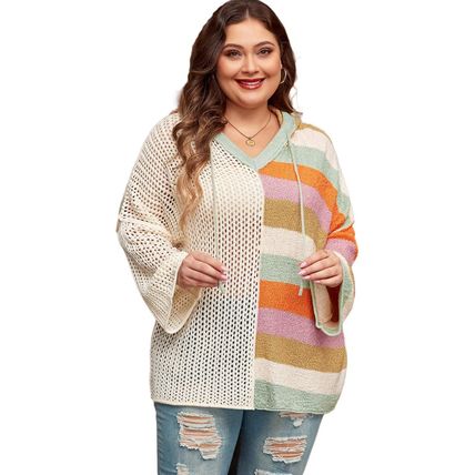 Beige Pointelle Knit Colorblock Patchwork V Neck Hooded Plus Sweater
