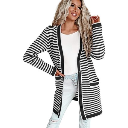 Black Stripe Long Sleeve Button up Tunic Cardigan