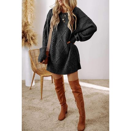 Black Cable Knit Drop Shoulder Loose Fit Sweater Dress