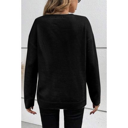 Black Boo Knitted Pattern Ribbed Edge Drop Shoulder Sweater