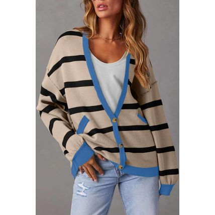 White Colorblock Drop Shoulder Buttoned Loose Cardigan