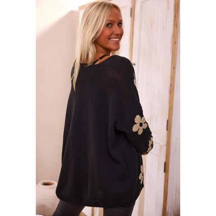 Black Floral Print Knitted Open Front Loose Cardigan