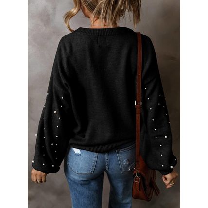 Black Pearled Drop Shoulder Round Neck Sweater