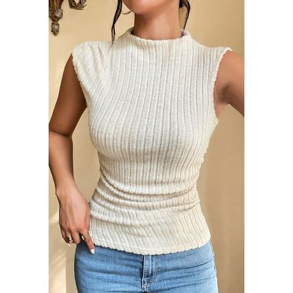 Apricot Ribbed Knit Mock Neck Tank Top