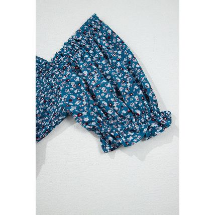 Blue Vintage Boho Floral Smocked Short Puff Sleeve Wide Leg Jumpsuit
