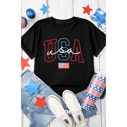Black USA Letter American Flag Print Casual T Shirt