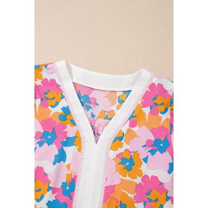 White Floral Colorblock Striped Edge V Neck Knotted Short Sleeve Blouse