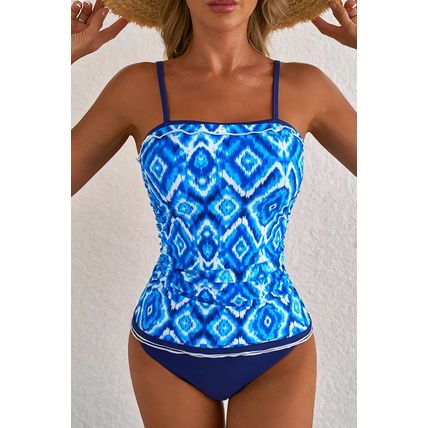 Navy Blue Abstract Print Frilled Trim Spaghetti Straps Tankini Set