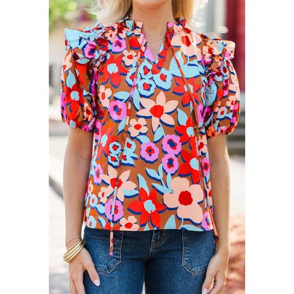 Brown Flower Print Self Tie Frilled Collar Puff Sleeve Blouse