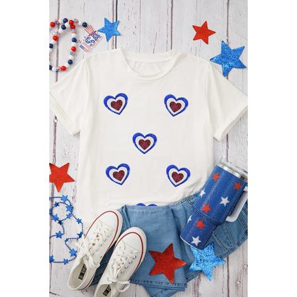 White Sequin Patriotic Heart Graphic Crewneck T Shirt