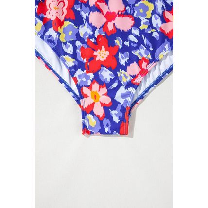 Blue Floral Print Ruffled V Neck High Waist One Piece Swimwear