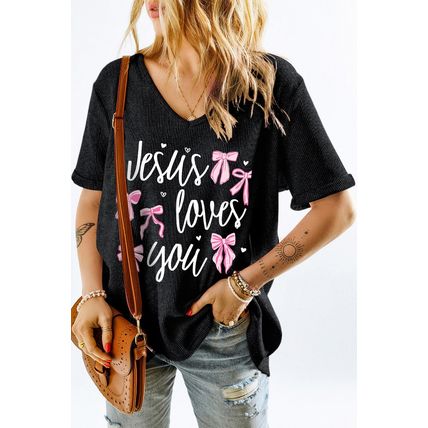 Gray Jesus Loves You Bow Knot Print V Neck Waffle Knit Loose T Shirt