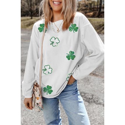 White Sequin Clover Patched Drop Shoulder Corded Sweatshirt