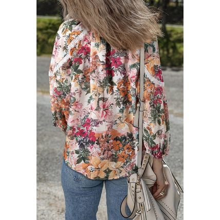 Pink Floral Print Lace Embroidery Tie Split Neck Long Sleeve Blouse