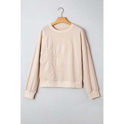 Beige Raw Edge Flower Patch Drop Shoulder Casual Top