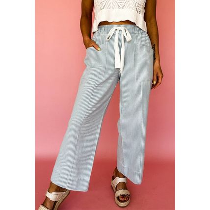 Sky Blue Stripe Mid Rise Drawstring Waist Jeans