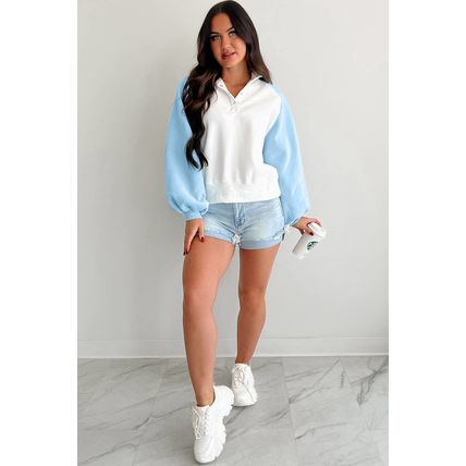 Beau Blue Colorblock Snap Buttons Pullover Sweatshirt
