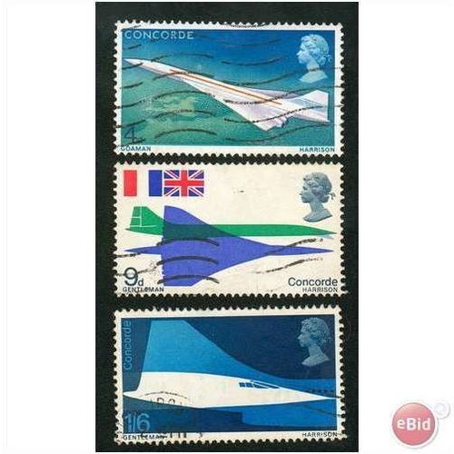 GB stamps 1969 - SG 784-786 - Concorde over GB & France used set