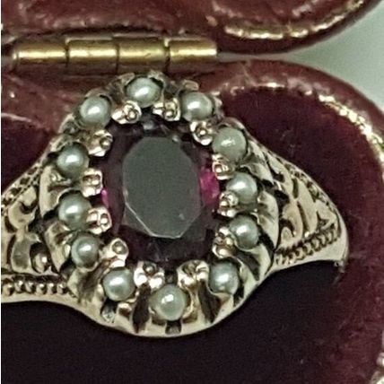 Victorian Enameled 12K Gold Genuine Amethyst & Genuine Seed Pearls Ring, 1880s